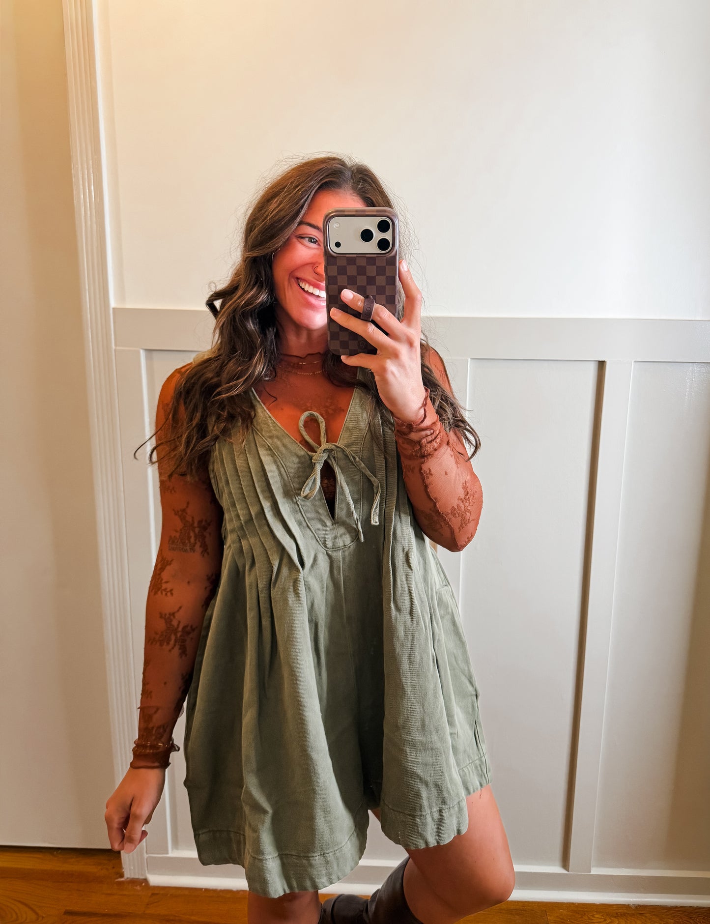Front Pleated V Neck Denim Romper