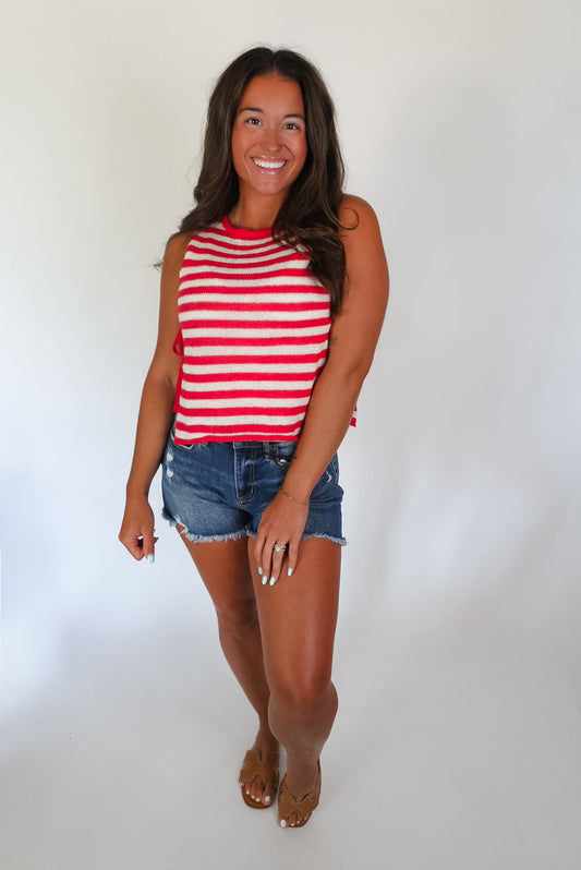 Red & White Side Tie Knit Top
