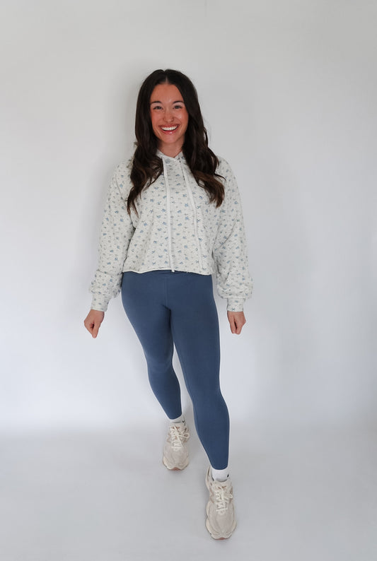Gray Floral Print Lounge Crop Hoodie