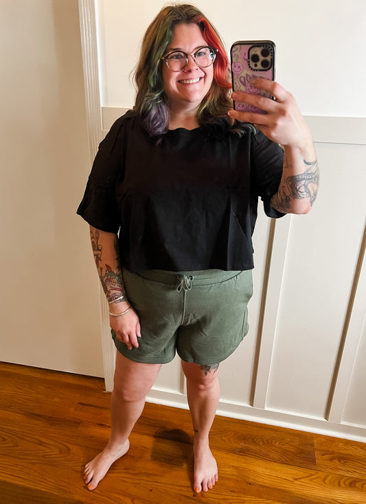 Plus Size - Black Cotton Short Sleeve Crop Top