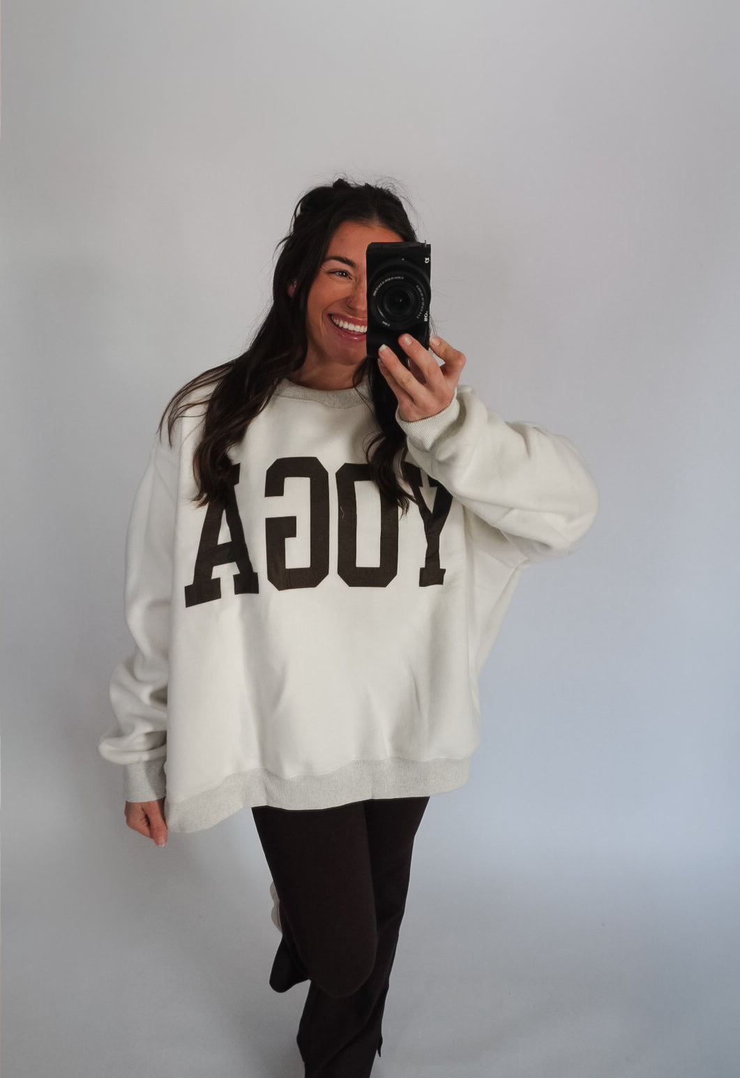 Brown 'PILATES & YOGA' Print Reversible Mockneck Sweatshirt