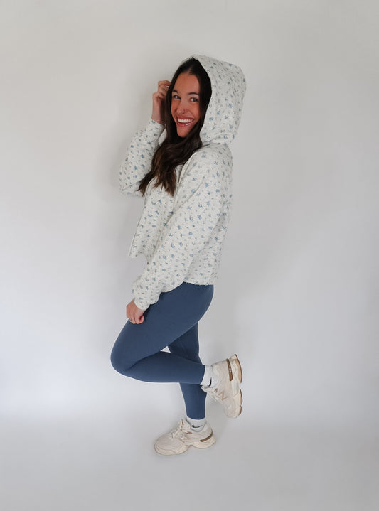 Gray Floral Print Lounge Crop Hoodie