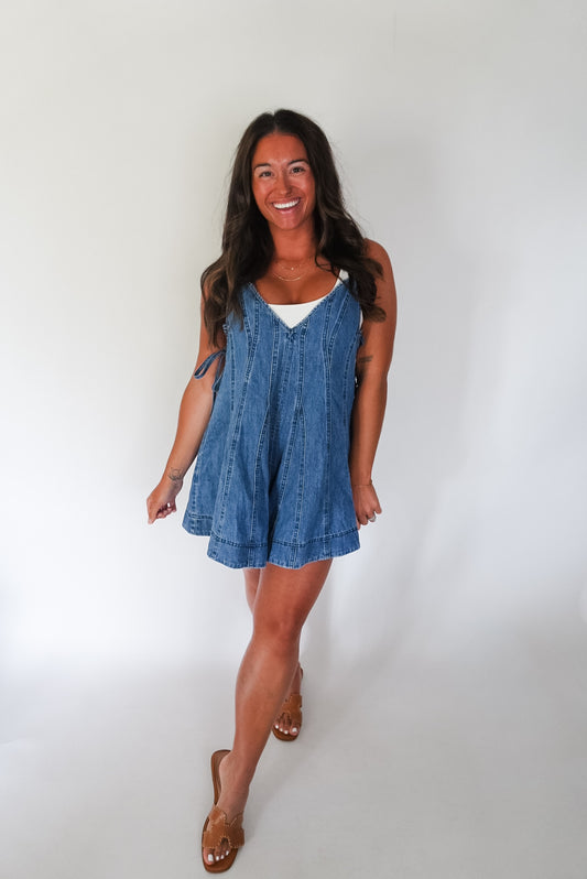 PRE-ORDER Melody Denim Flared Romper Side Tie