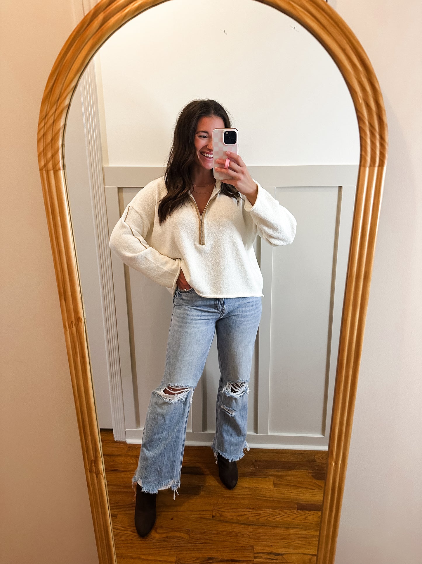 Hazel Cream Textured Knit Half-Zip Mock-Neck Sweater