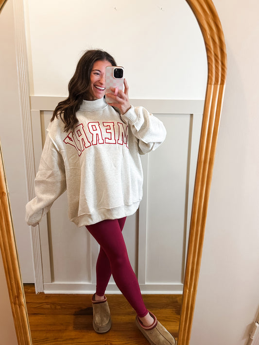 MERRY Embroidered Mock Neck Sweatshirt