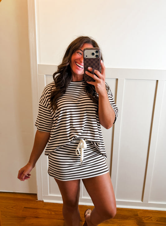 Brown & White Short Sleeve Stripe Oversized Tee