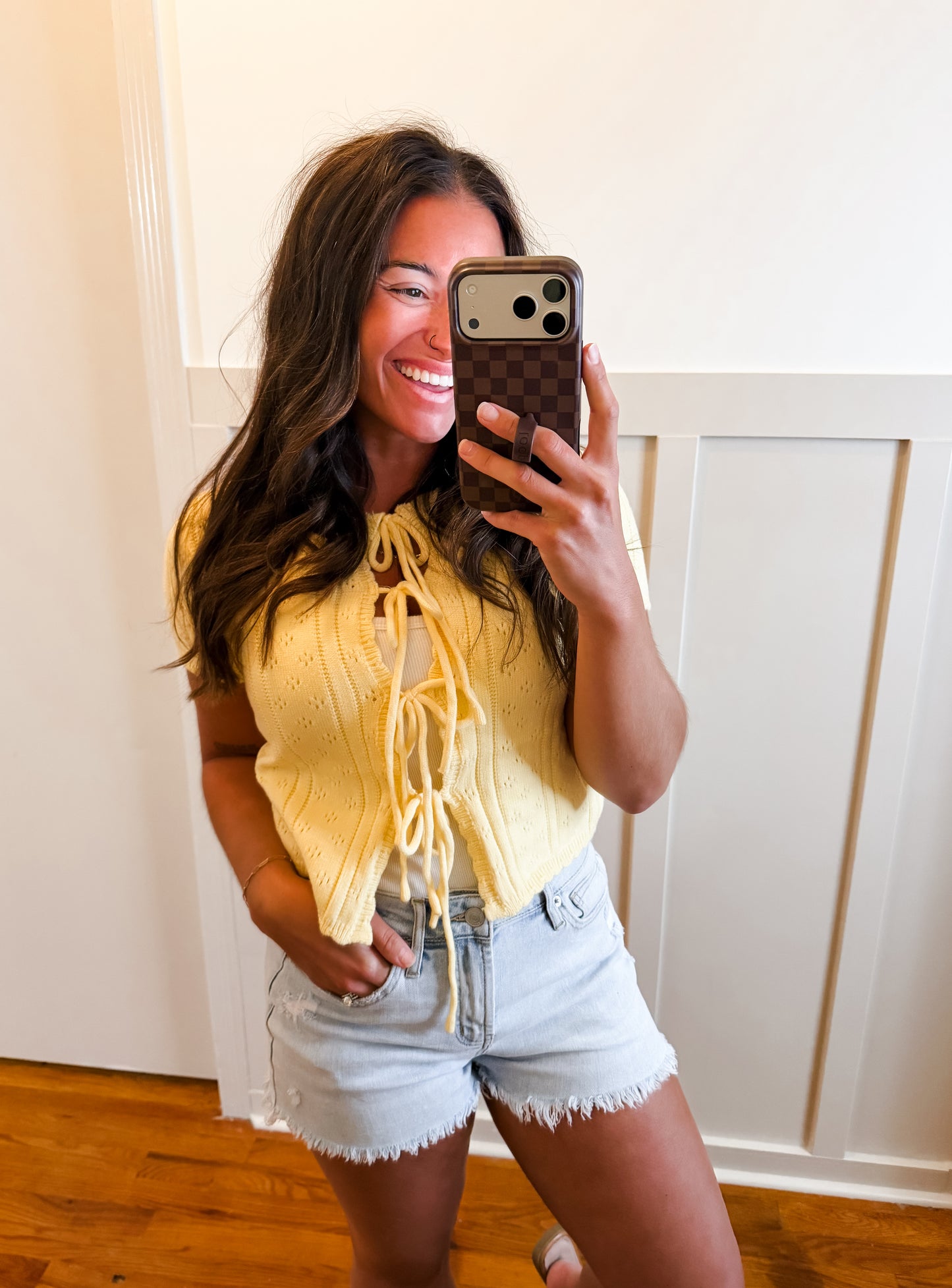 Butter Yellow Scalloped Tie-Front Pointelle Knit Top