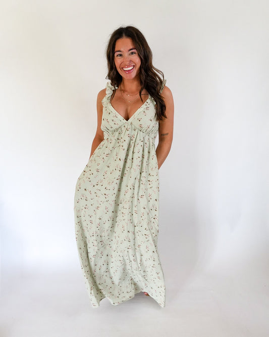 Sage Ruffle Sleeve Maxi Dress