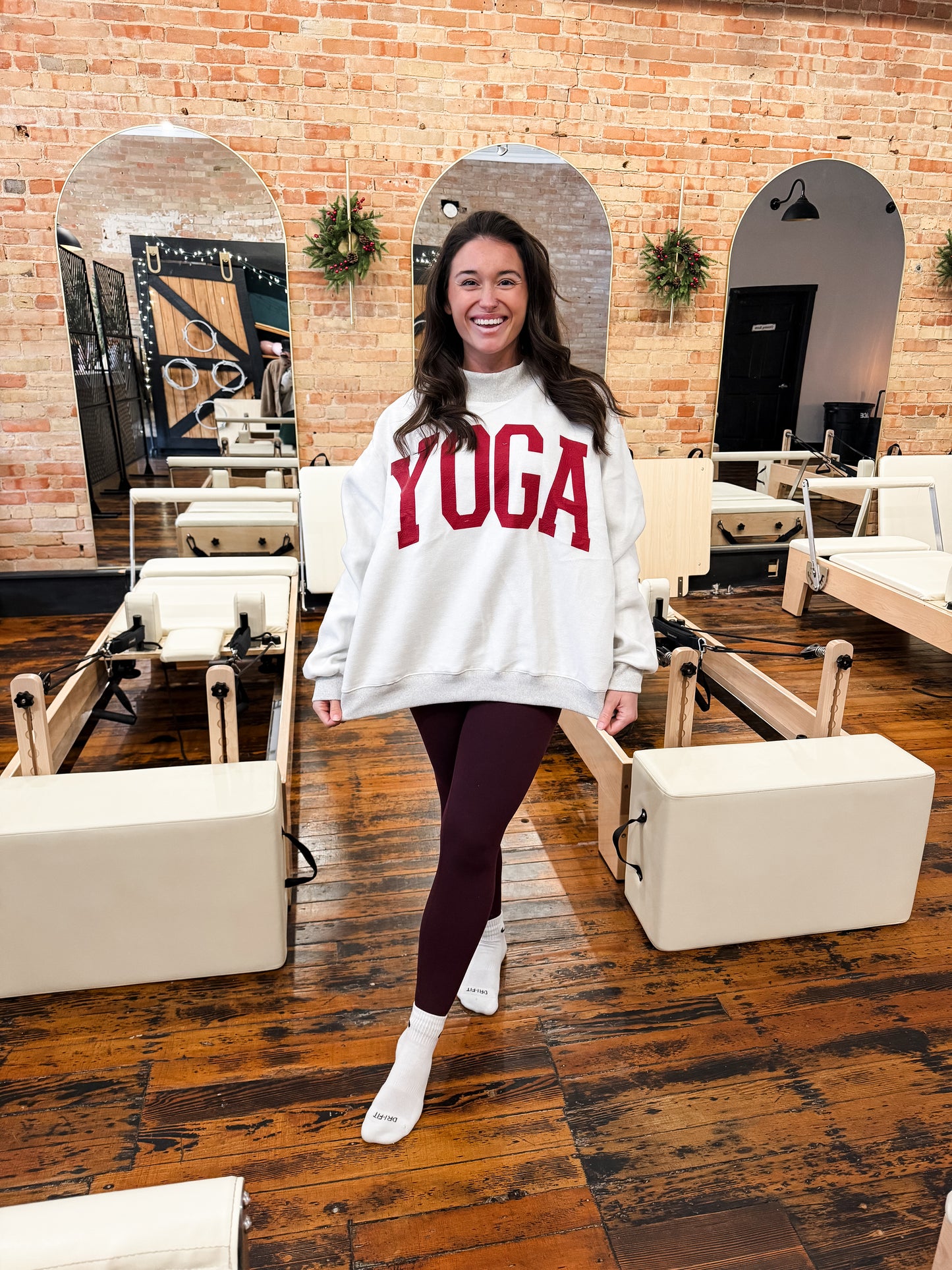 'PILATES & YOGA' Print Reversible Mockneck Sweatshirt