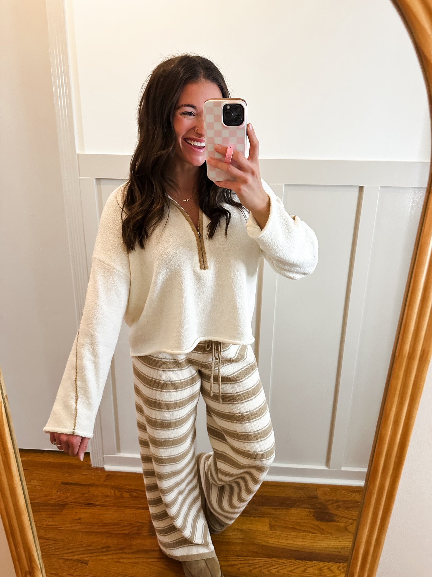 Belle Tan and Cream Striped Knit Drawstring Sweater Pants