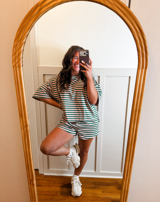 Pink and Olive Striped Oversized Boxy Tee