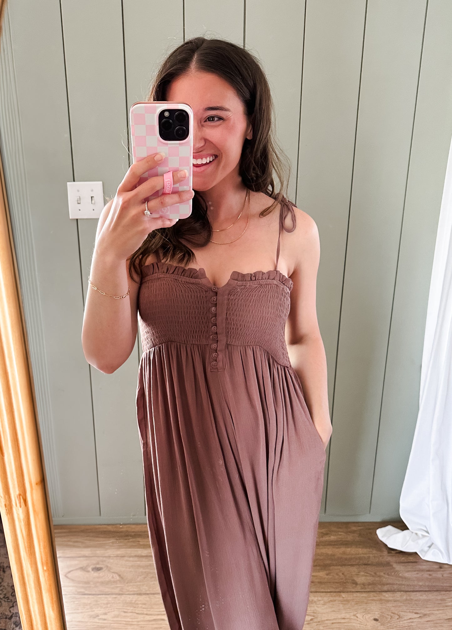 Mocha Gauze Smocked Jumpsuit