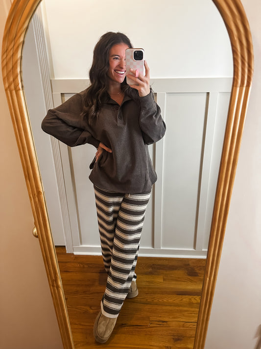 Belle Chocolate Brown Striped Knit Drawstring Sweater Pants