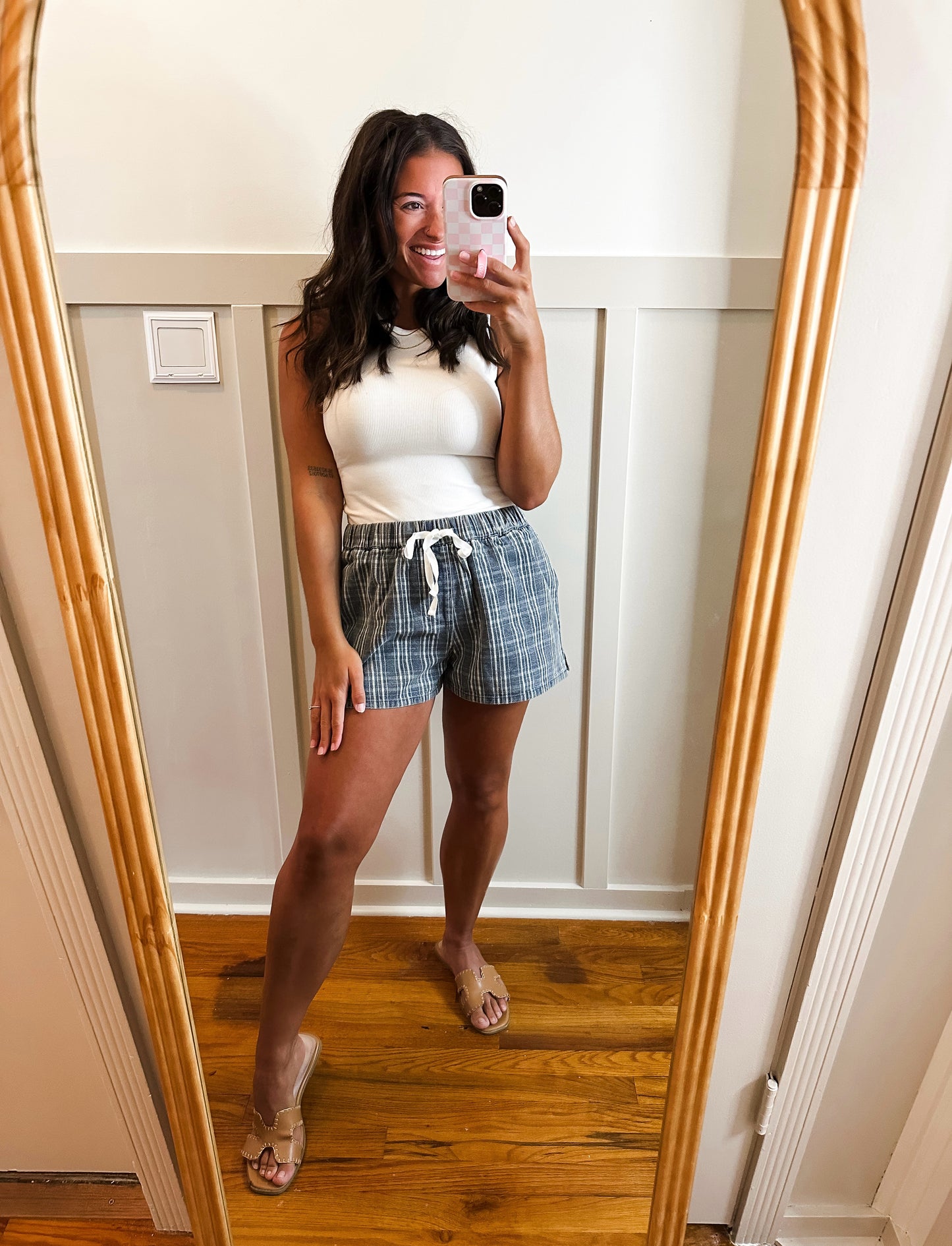 August Denim Plaid Drawstring Shorts