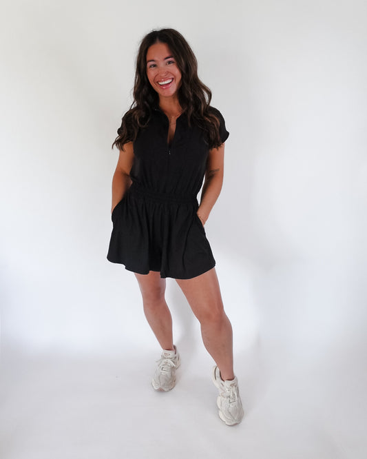 Black Butter Short Sleeve Zip Romper