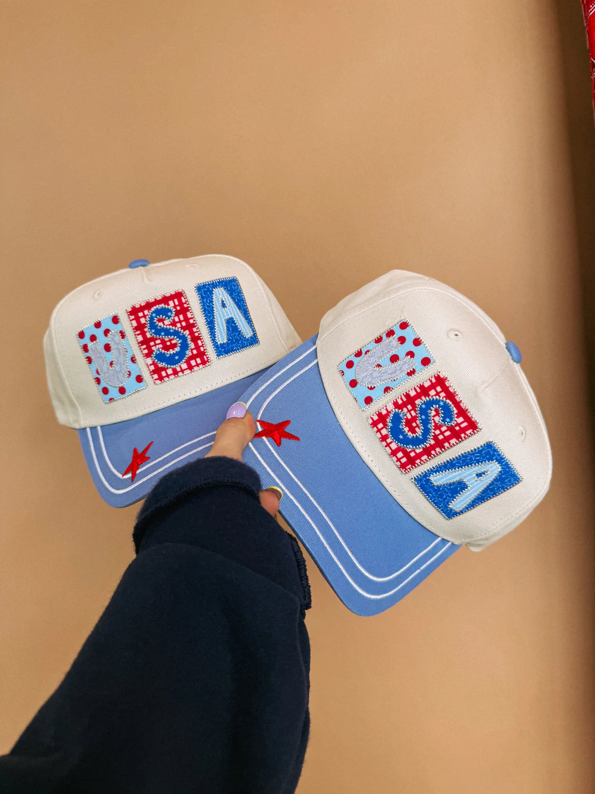 USA PATCHWORK TRUCKER HAT - CREAM / BLUE