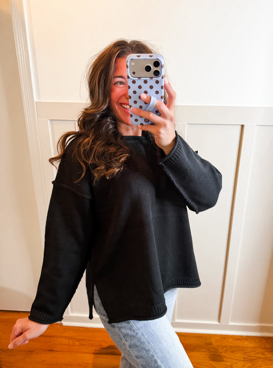 Black Ribbed Crew Neck Sweater