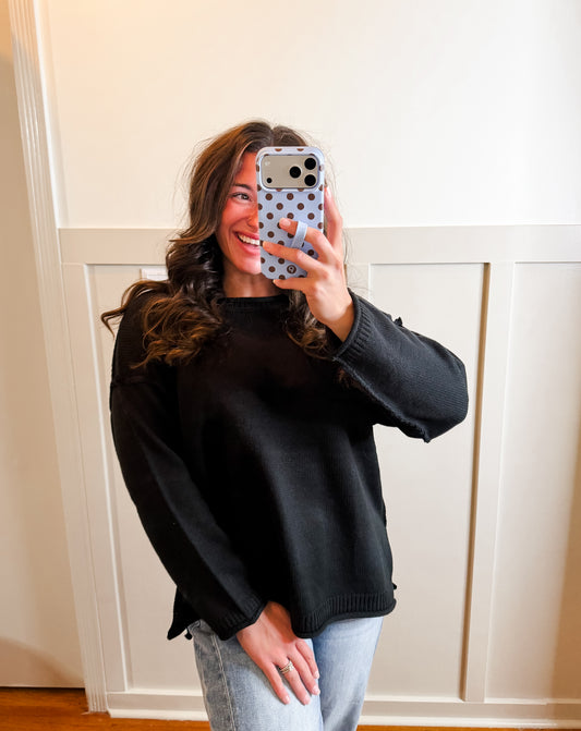 Black Ribbed Crew Neck Sweater