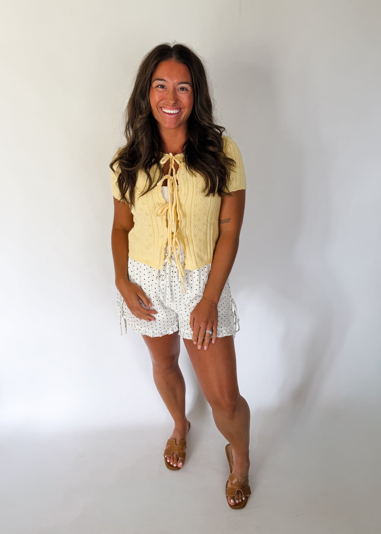Butter Yellow Scalloped Tie-Front Pointelle Knit Top