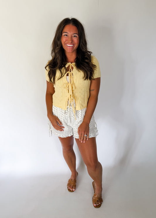 Butter Yellow Scalloped Tie-Front Pointelle Knit Top