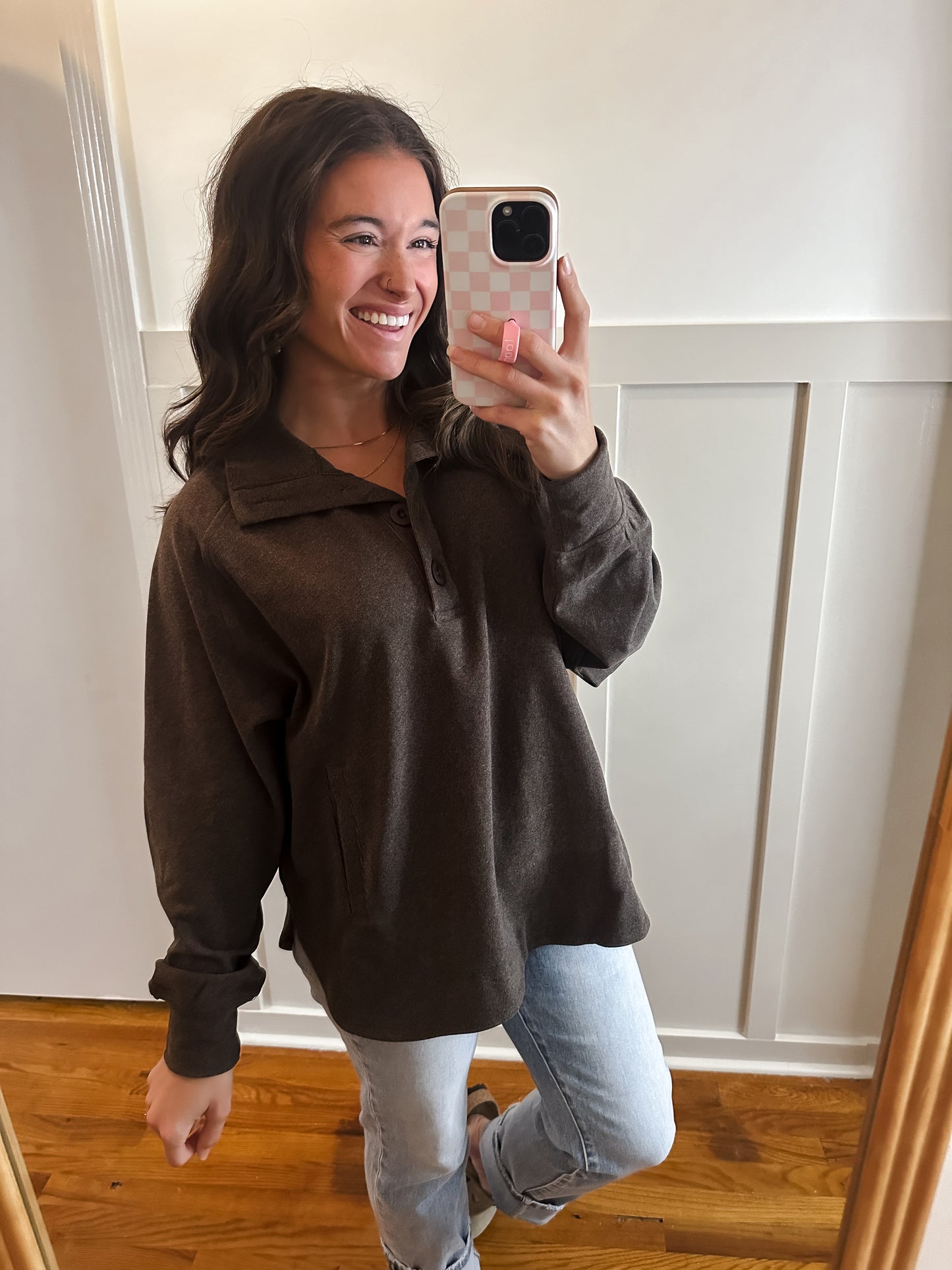 Chocolate Brushed Rib Button Down Pullover