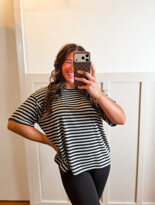 Black & Heather Gray Short Sleeve Stripe Oversized Tee