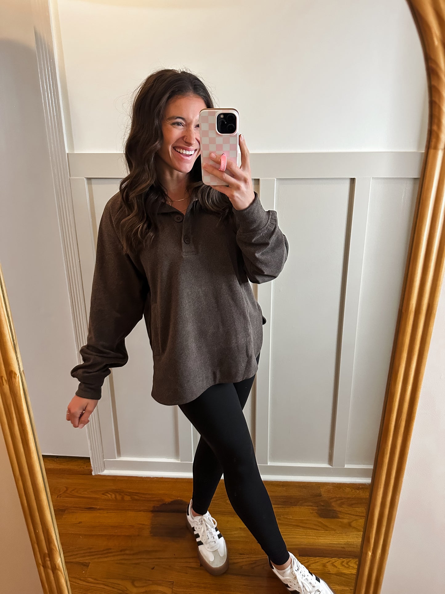 Chocolate Brushed Rib Button Down Pullover