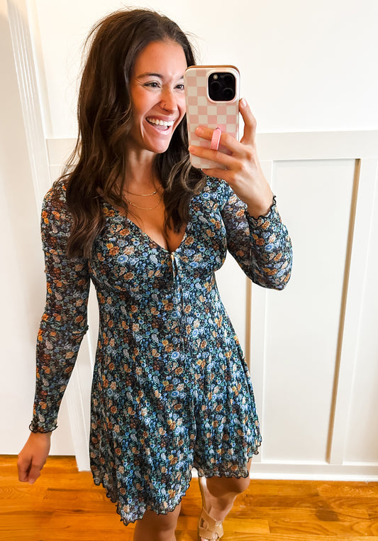 Clara Floral-Print Mesh V-Neck Long-Sleeve Romper