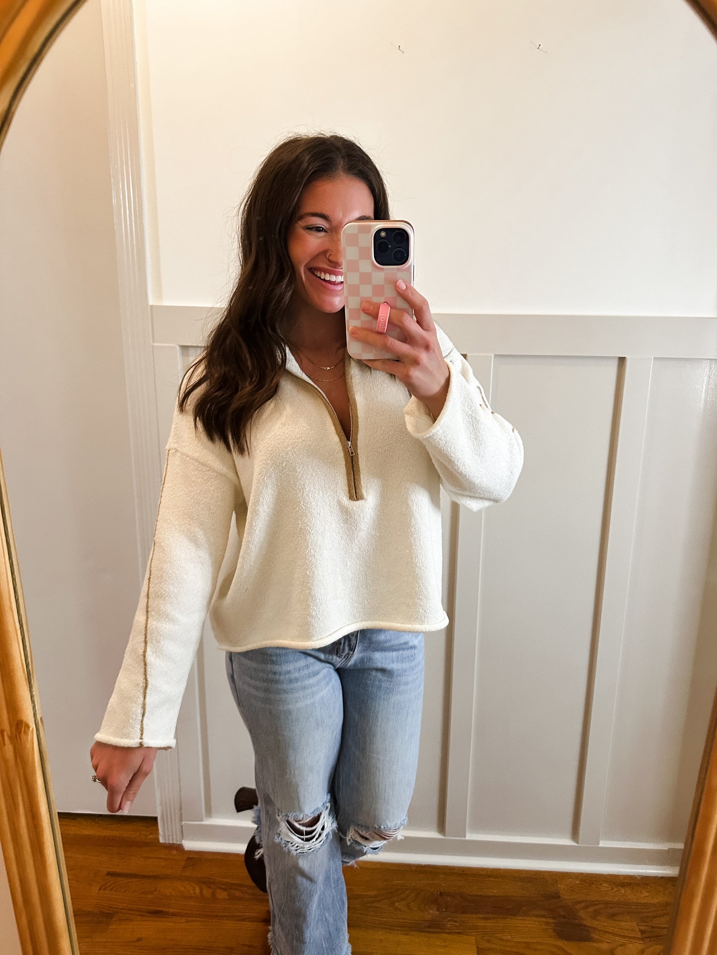 Hazel Cream Textured Knit Half-Zip Mock-Neck Sweater