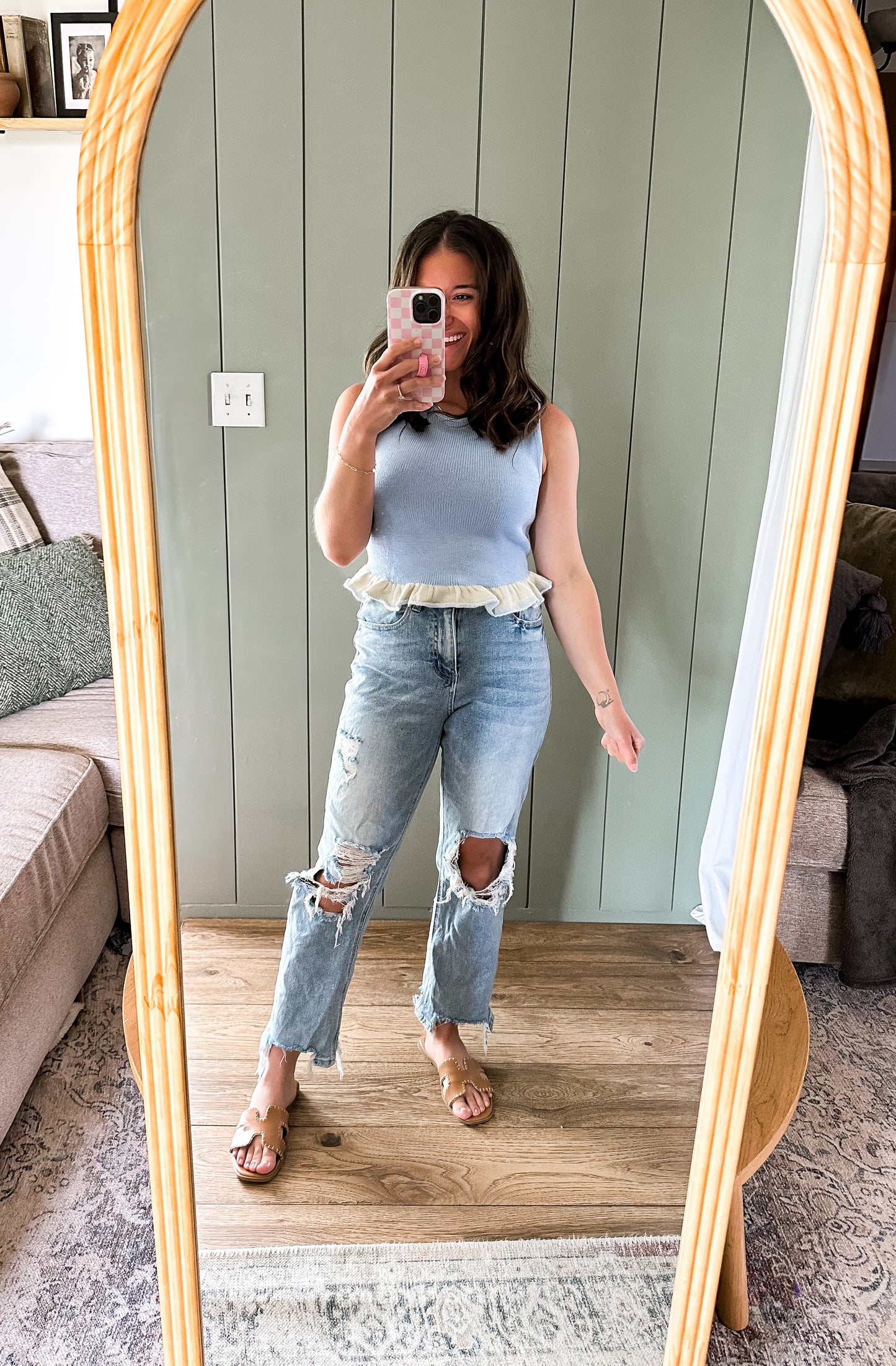 Blue Ruffled Hem Sleeveless Sweater