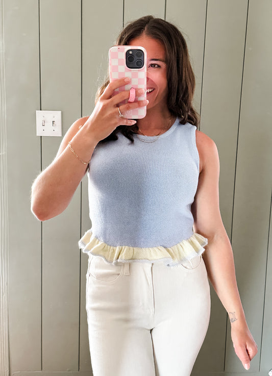 Blue Ruffled Hem Sleeveless Sweater