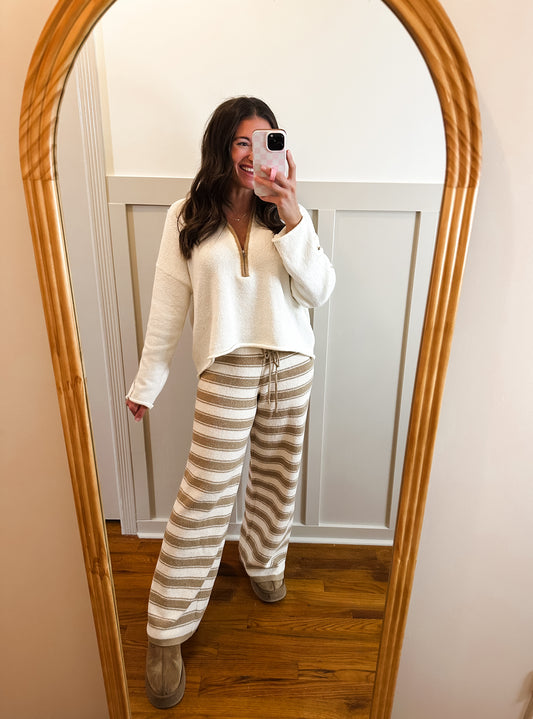 Belle Tan and Cream Striped Knit Drawstring Sweater Pants