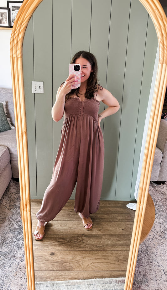 Mocha Gauze Smocked Jumpsuit