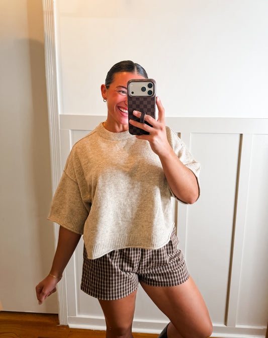 Oatmeal Short Sleeve Knit Top