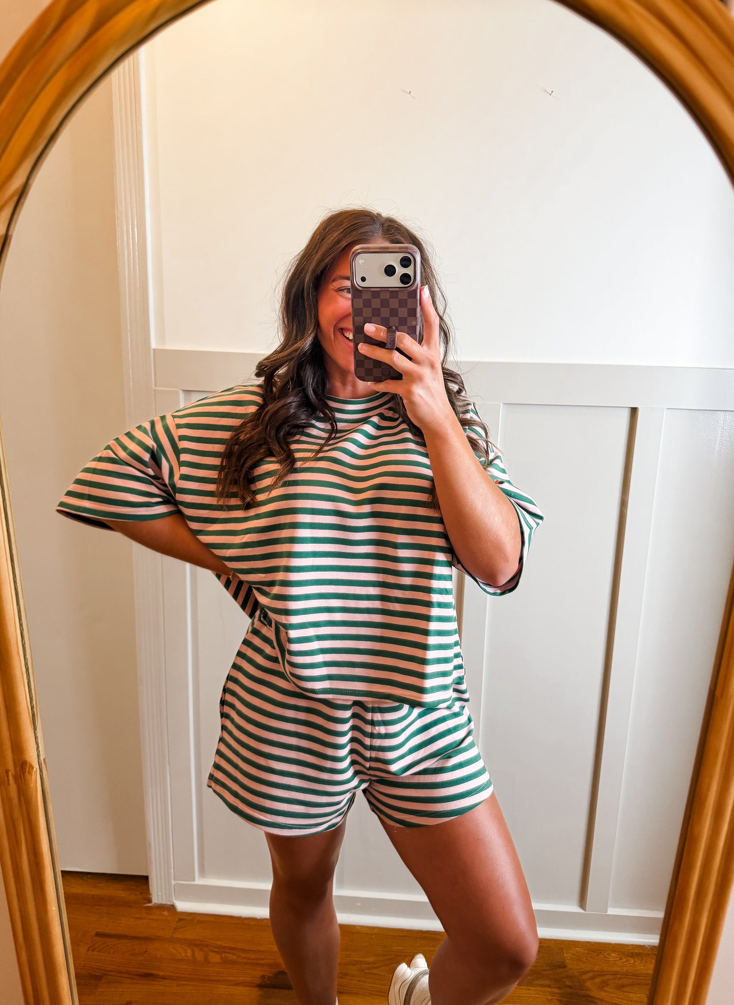 Pink and Olive Striped Knit Shorts