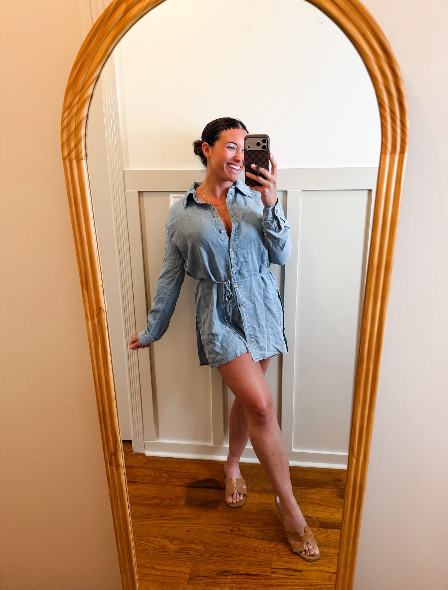 Denim Belted Button-Up Shirt Romper