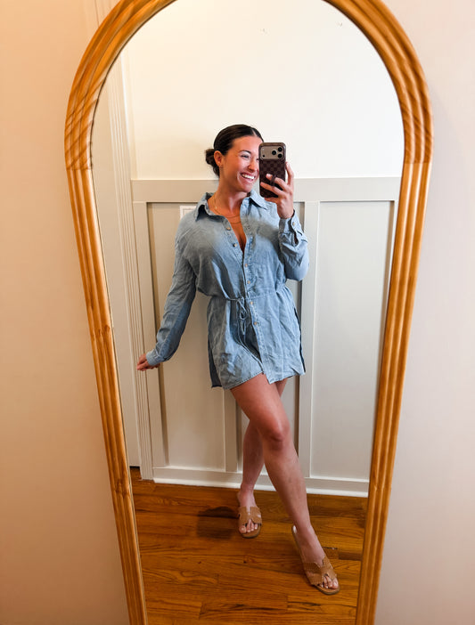 Denim Belted Button-Up Shirt Romper