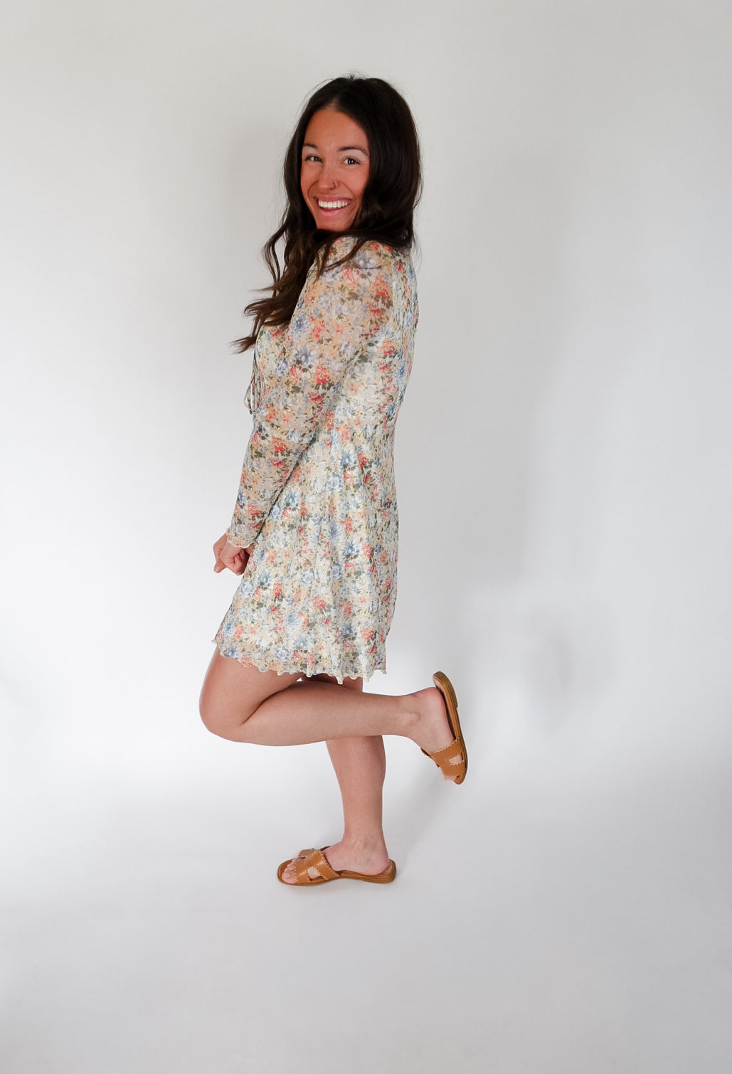 Elle Floral Print Mesh Long-m Sleeve V-Neck Romper
