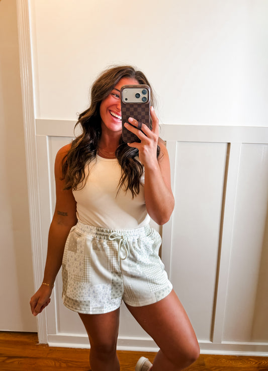 Sage Patch Work Printer SWEATSHORTS
