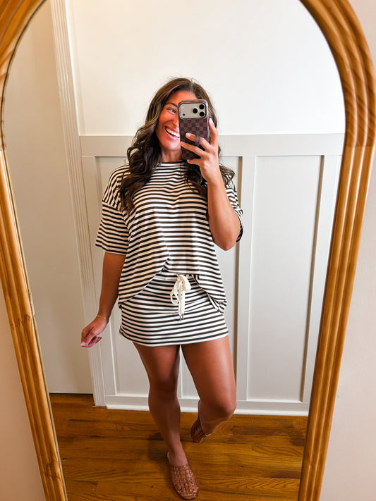 Brown & White Short Sleeve Stripe Oversized Tee