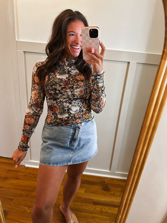 Floral Mesh Long-Sleeve Mock Neck Top