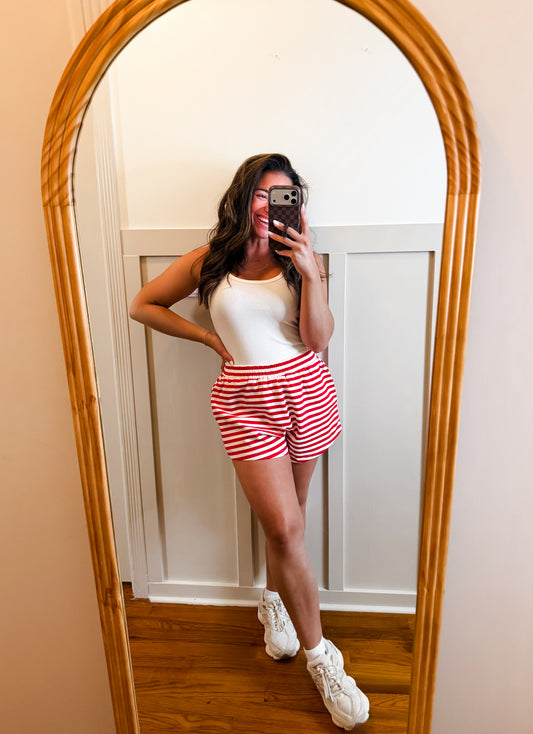 Red and White Striped Knit Shorts