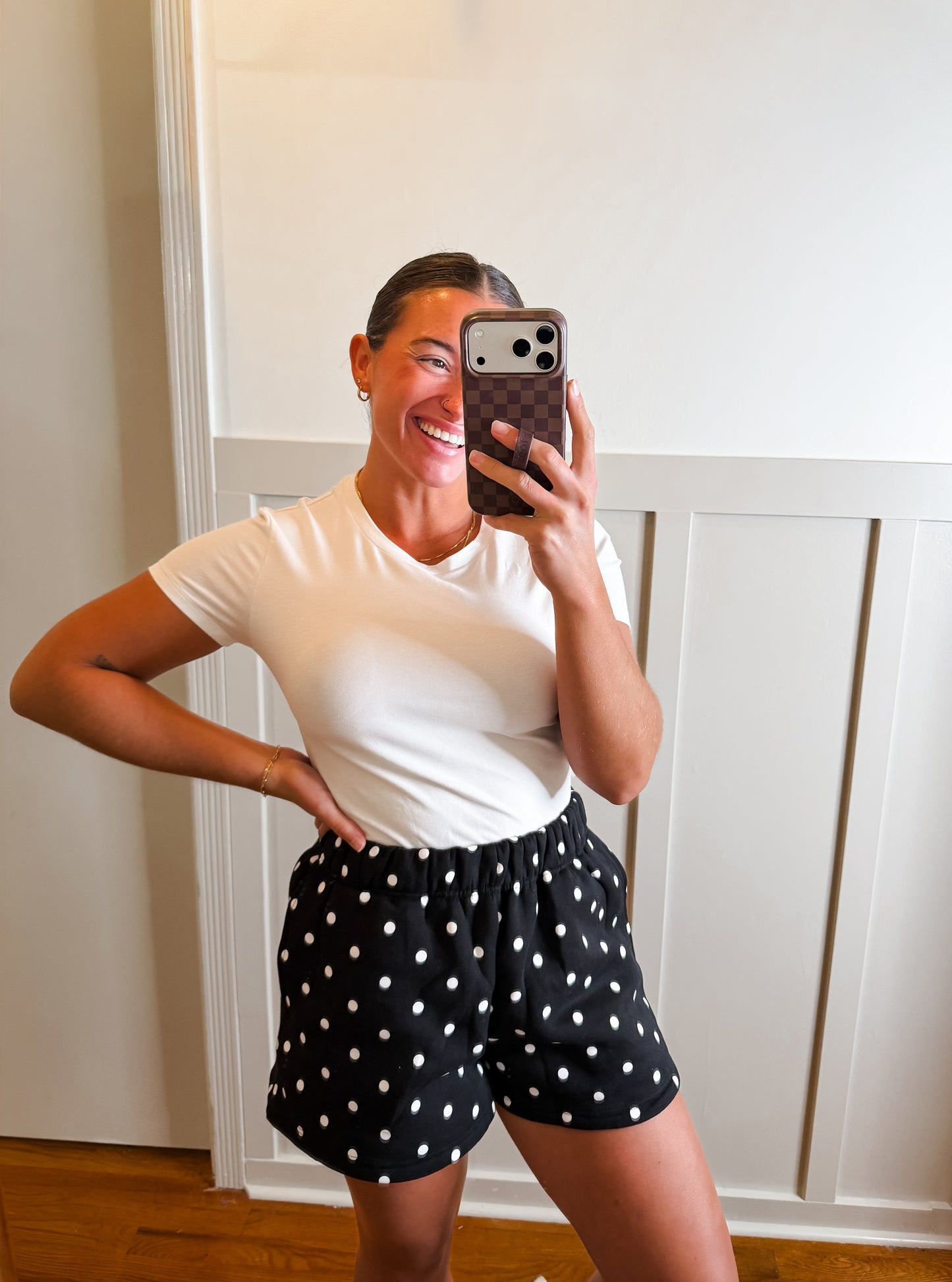 Fleece Shorts in Black with White Polka Dot