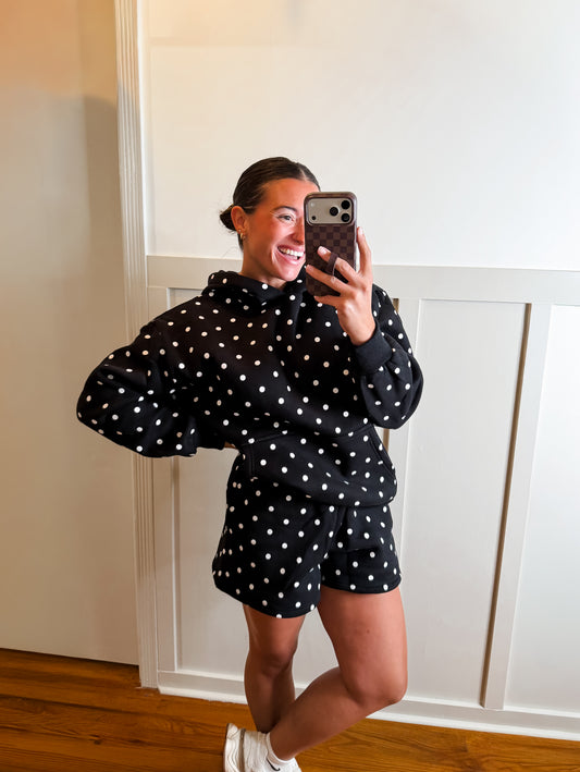 Hoodie in Black with White Polka Dots