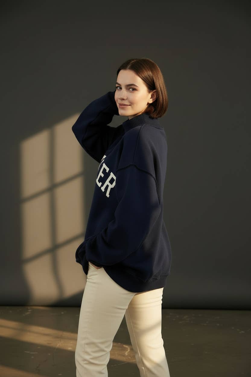 Navy 'MOTHER' Embroidered Mock Neck Sweatshirt