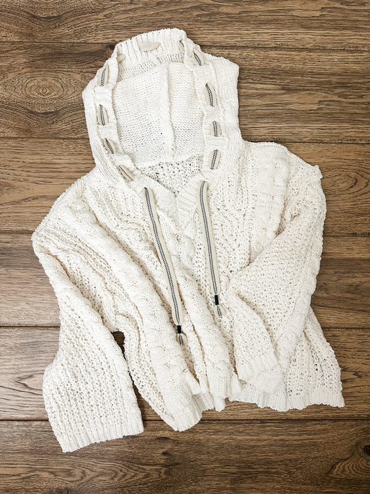 Oversize hooded cable knit chenille sweater