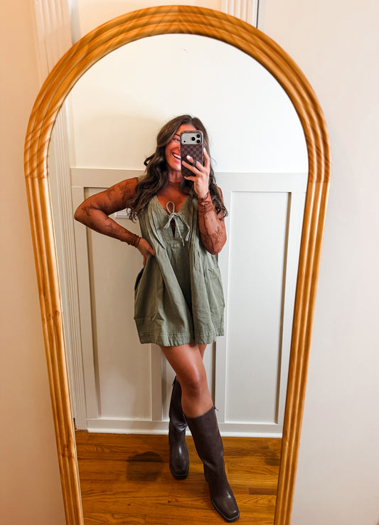 Front Pleated V Neck Denim Romper