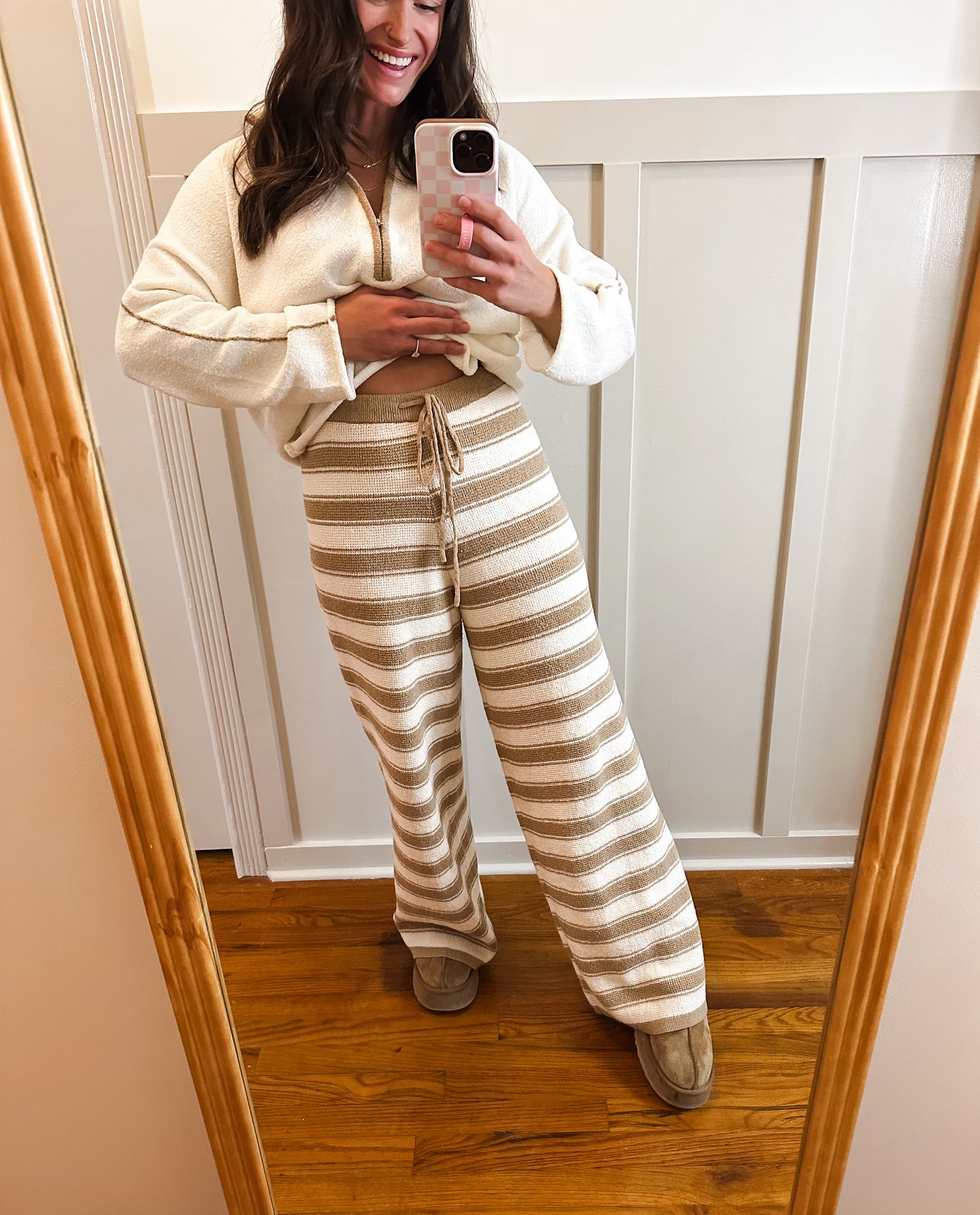 Belle Tan and Cream Striped Knit Drawstring Sweater Pants