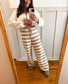 Belle Tan and Cream Striped Knit Drawstring Sweater Pants