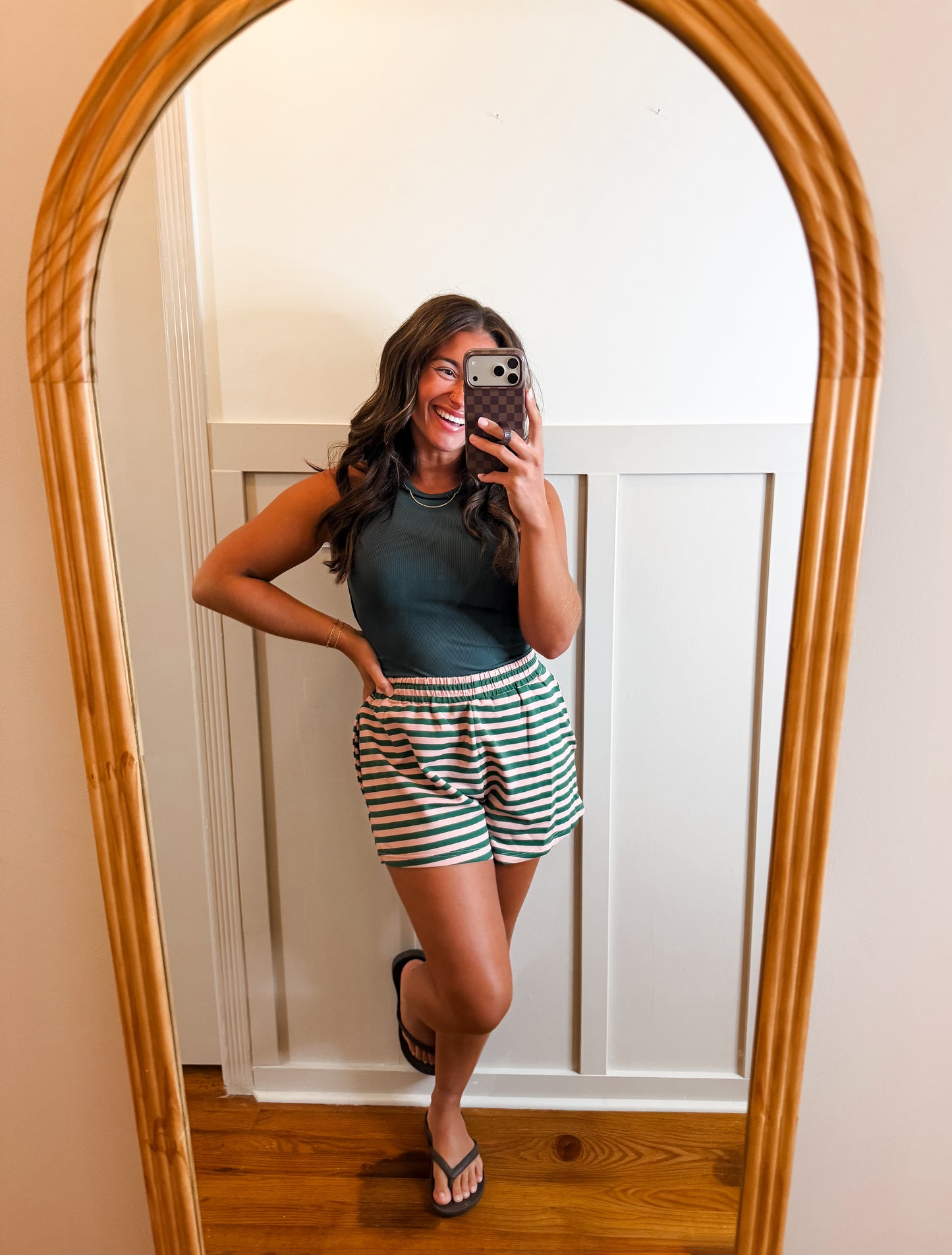 Pink and Olive Striped Knit Shorts